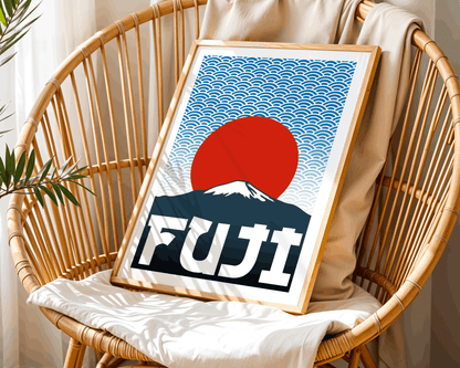 Framed artwork with a red sun and mountain, featuring the word 'FUJI', on a wicker chair.