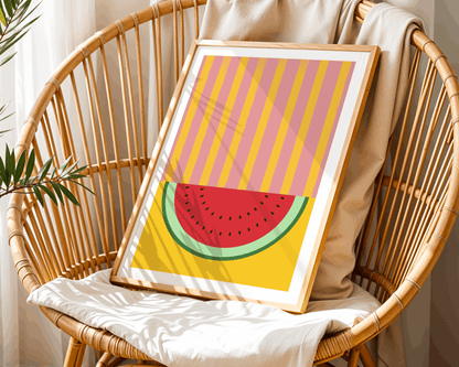 Framed artwork of a watermelon slice on a wicker chair with a striped background