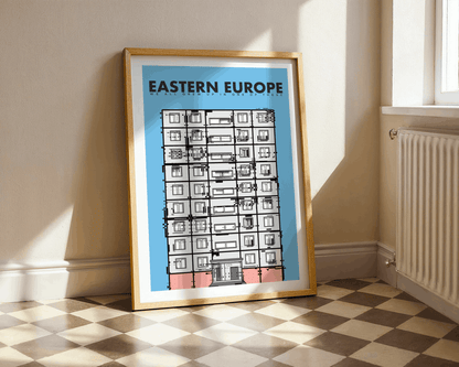 Framed poster titled 'Eastern Europe' on a wall with checkered floor and radiator.