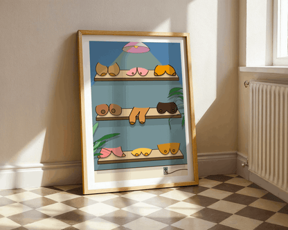 Framed artwork of a colorful abstract design on a wall with a checkered floor.