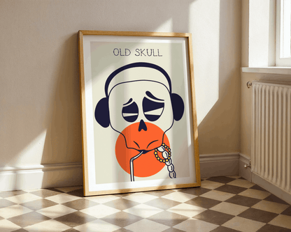 Framed artwork titled 'Old Skull' on a wall with sunlight casting shadows.