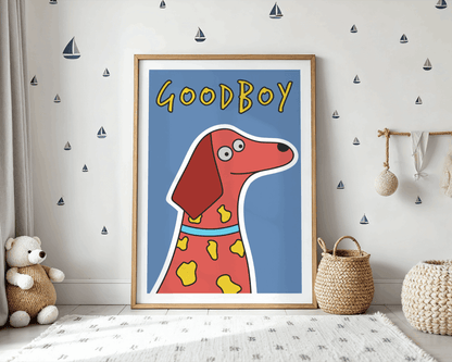 Framed illustration of a dog with 'Good Boy' text in a children's' room.