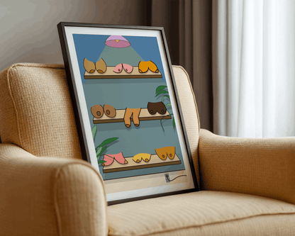 Framed illustration of breasts on shelves on a beige armchair.