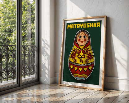 Framed artwork of a Matryoshka doll on a wall next to a window with greenery outside.