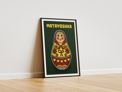 Framed artwork of a Matryoshka doll on a white wall.