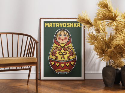 Framed artwork of a Matryoshka doll on a wall with a chair and decorative plant in the foreground.