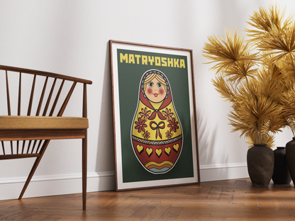 Framed Matryoshka doll poster on a wall with a wooden chair and decorative plants in the foreground.