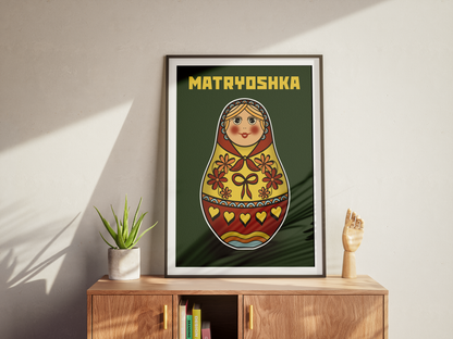 Framed artwork of a Matryoshka doll on a wooden cabinet with a plant and small sculpture.